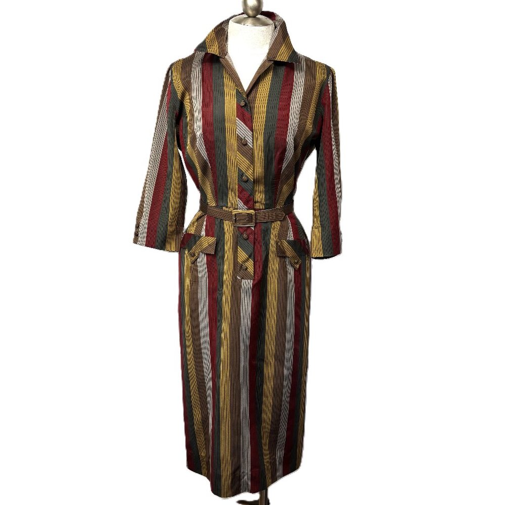 Alexander’s of California Vtg 50 60’s belted stripe shirt waist dress
